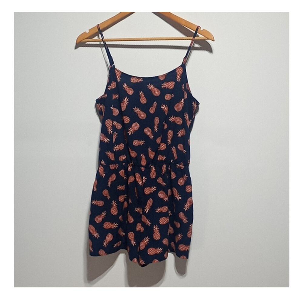 E&M Pineapple Romper Size Medium Navy Blue & Orange Artsy Resort Wear Coastal